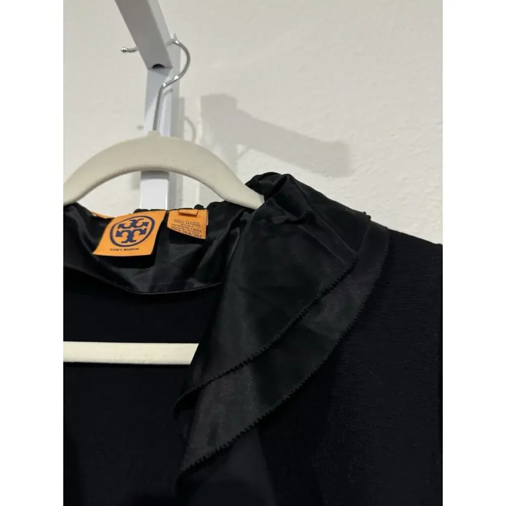 Tory Burch Black V-Neck Sweater with Removable Silk Collar and Cuffs Size L